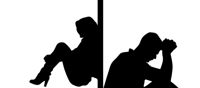 Silhouettes of two individuals on opposite sides of a vertical line. On the left, a person in high heels sits with knees bent, while on the right, an unmarried parent rests their head in