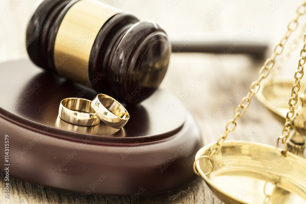 wedding rings gavel scales of justice divorce