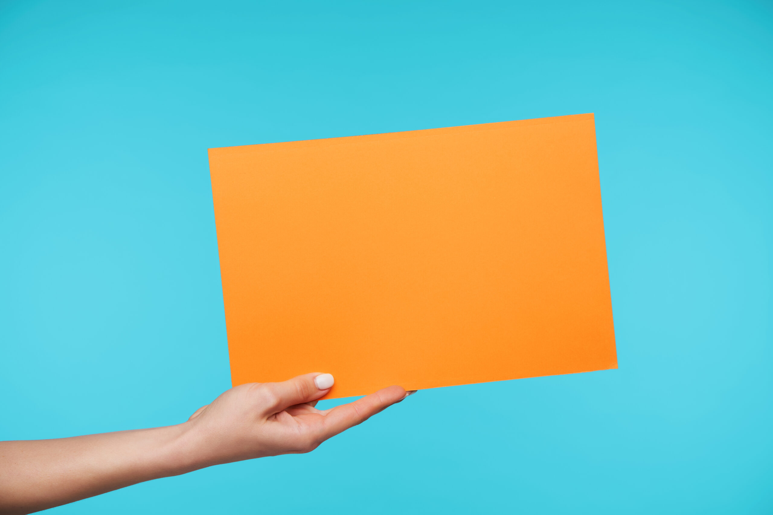 Indoor shot of big orange envelope A4 format being held by raised woman's hand while isolated over blue background, young lady delivering important letter